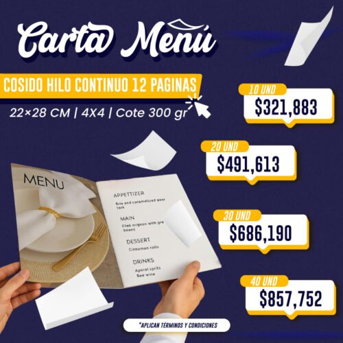 CARTA MENU COSIDO HILO CONTINUO 12 PAGINAS | 22x28 CM | 4X4 | Cote 300 gr