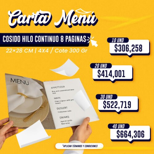 CARTA MENU COSIDO HILO CONTINUO 8 PAGINAS | 22x28 | COTE 300 GR