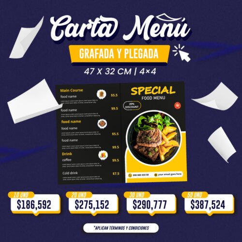 CARTA MENU GRAFADA Y PLEGADA | 47 X 32 CM | 4x4