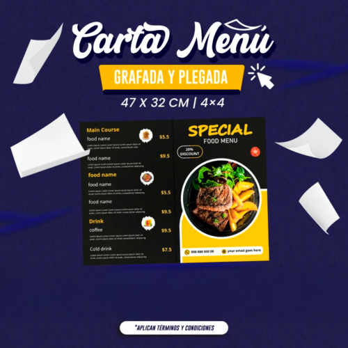 CARTA MENU GRAFADA Y PLEGADA | 47 X 32 CM | 4x4