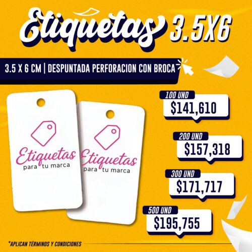 ETIQUETA 3.5×6 CM | DESPUNTADO EN ESQUINAS | PERFORACIÓN