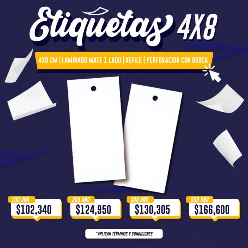 ETIQUETA 4×8 CM | LAMINADO MATE | REFILADO | PERFORACIÓN