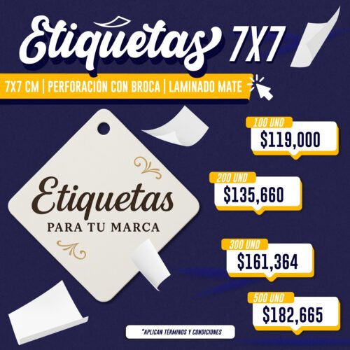 ETIQUETA 7X7 | PERFORACIÓN CON BROCA | LAMINADO MATE
